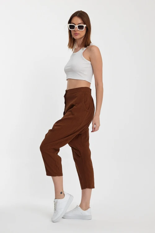 Maxi Boy Kahverengi Çift Cepli Düğme Detaylı Düşük Ağ Şalvar Pantolon BCVL-245326