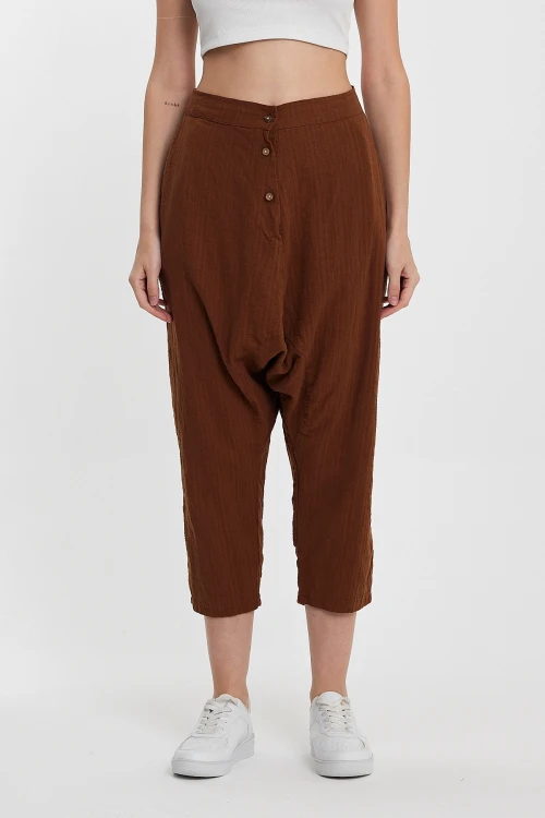 Maxi Boy Kahverengi Çift Cepli Düğme Detaylı Düşük Ağ Şalvar Pantolon BCVL-245326