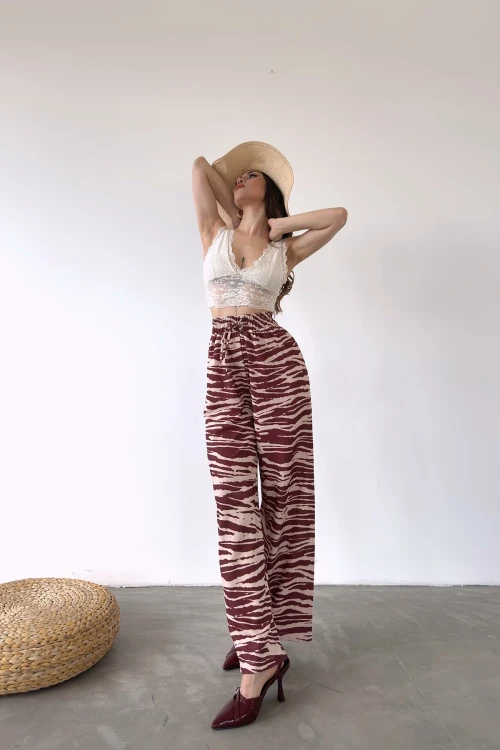 Kahverengi Desenli Beli Lastikli Bürümcük Pantolon  BCDF-241104