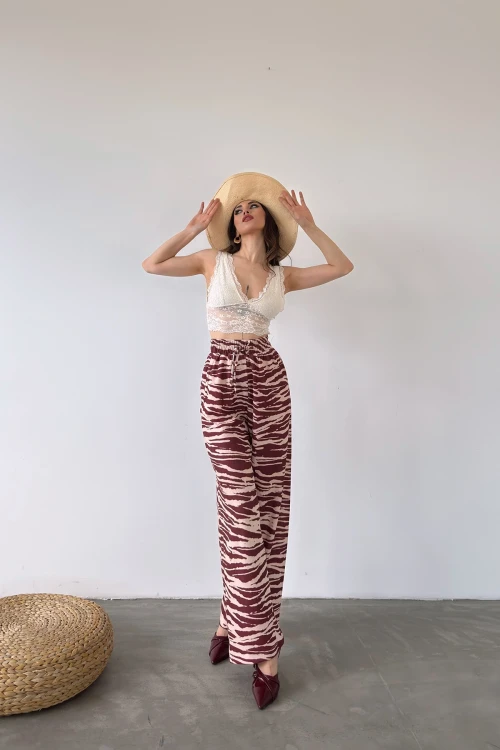 Kahverengi Desenli Beli Lastikli Bürümcük Pantolon  BCDF-241104