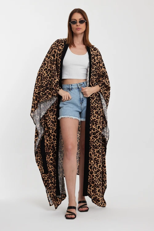 Maxi Boy Kahverengi Leopar Desenli Beli Kuşaklı Uzun Boy Dokuma Kimono Ceket BCVL-24964