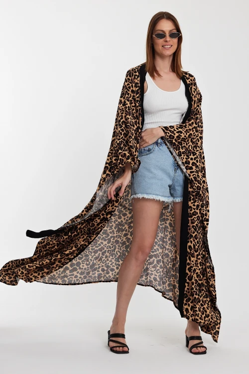 Maxi Boy Kahverengi Leopar Desenli Beli Kuşaklı Uzun Boy Dokuma Kimono Ceket BCVL-24964