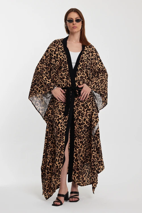 Maxi Boy Kahverengi Leopar Desenli Beli Kuşaklı Uzun Boy Dokuma Kimono Ceket BCVL-24964