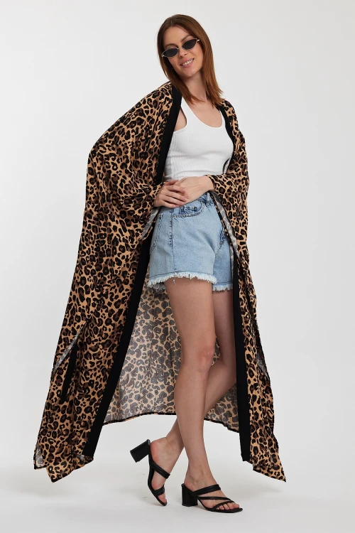 Maxi Boy Kahverengi Leopar Desenli Beli Kuşaklı Uzun Boy Dokuma Kimono Ceket BCVL-24964