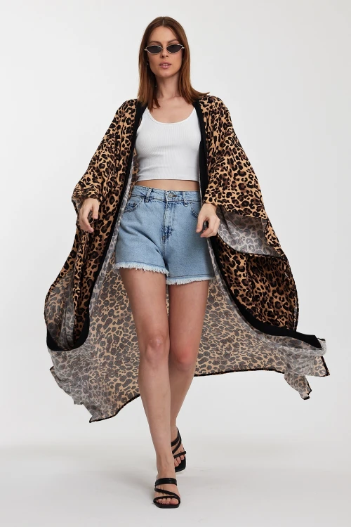 Maxi Boy Kahverengi Leopar Desenli Beli Kuşaklı Uzun Boy Dokuma Kimono Ceket BCVL-24964