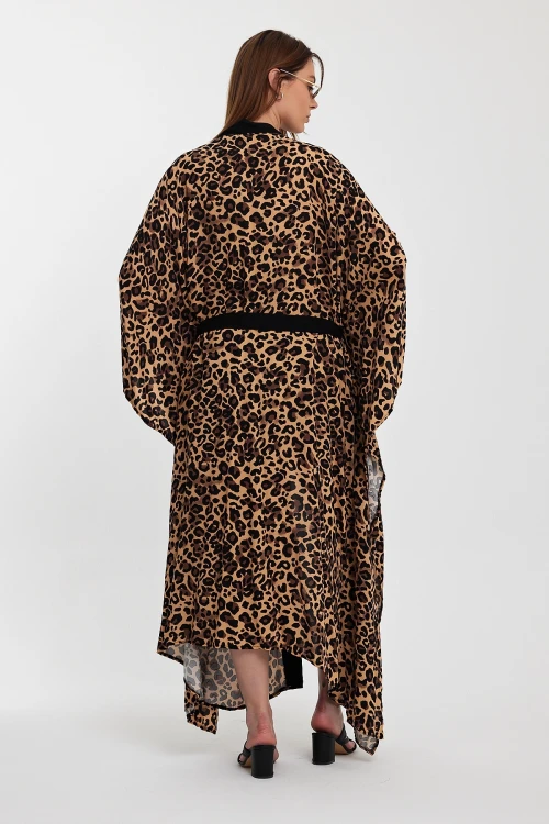 Maxi Boy Kahverengi Leopar Desenli Beli Kuşaklı Uzun Boy Dokuma Kimono Ceket BCVL-24964