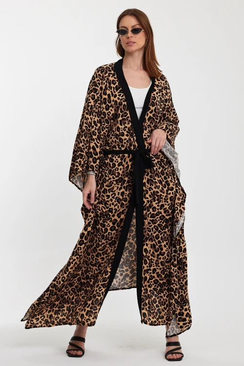 Maxi Boy Kahverengi Leopar Desenli Beli Kuşaklı Uzun Boy Dokuma Kimono Ceket BCVL-24964