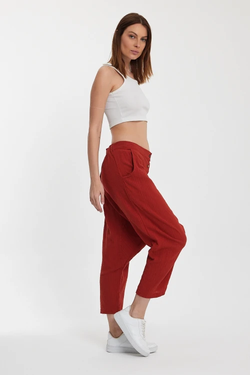 Maxi Boy Kiremit Çift Cepli Düğme Detaylı Düşük Ağ Şalvar Pantolon BCVL-245326