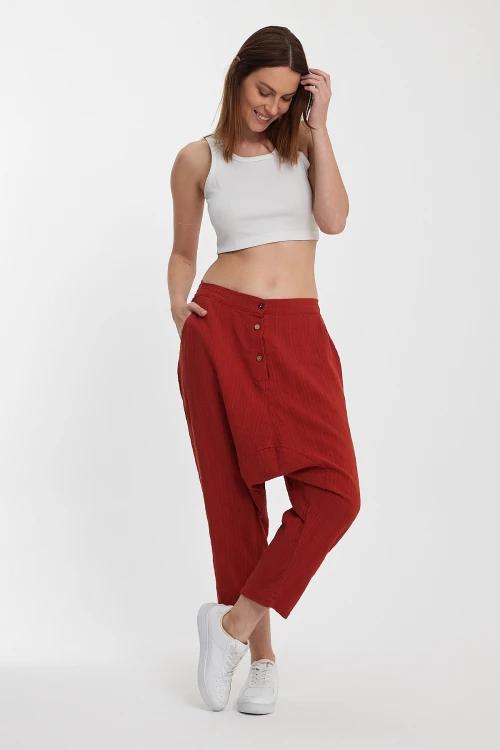 Maxi Boy Kiremit Çift Cepli Düğme Detaylı Düşük Ağ Şalvar Pantolon BCVL-245326