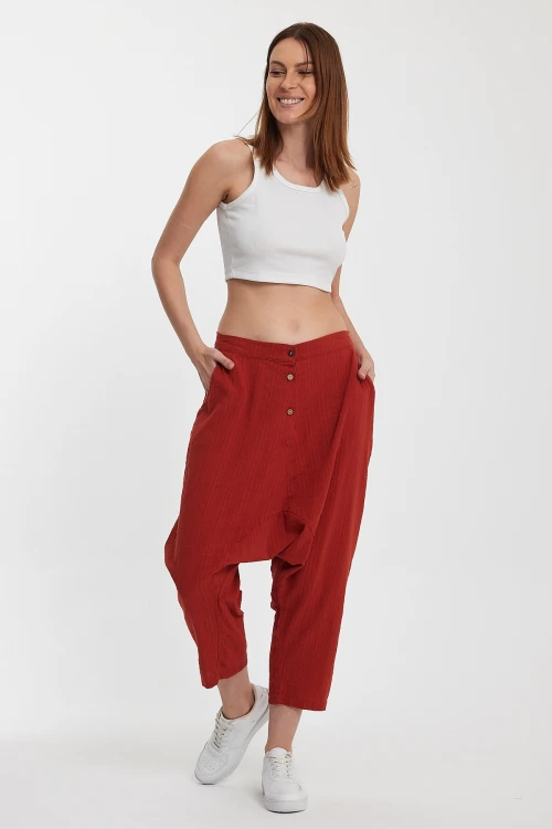 Maxi Boy Kiremit Çift Cepli Düğme Detaylı Düşük Ağ Şalvar Pantolon BCVL-245326