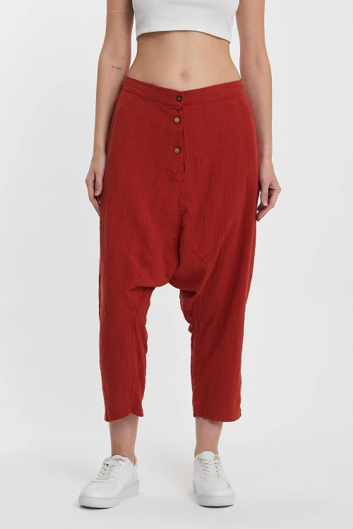 Maxi Boy Kiremit Çift Cepli Düğme Detaylı Düşük Ağ Şalvar Pantolon BCVL-245326