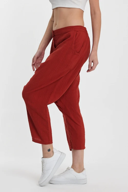 Maxi Boy Kiremit Çift Cepli Düğme Detaylı Düşük Ağ Şalvar Pantolon BCVL-245326