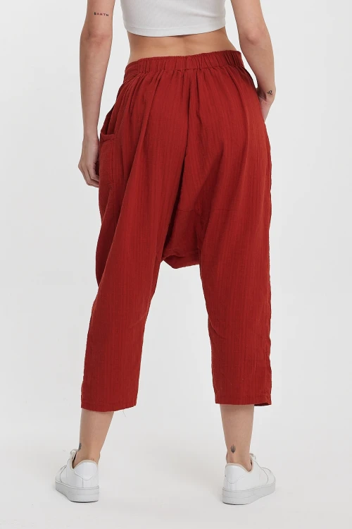 Maxi Boy Kiremit Çift Cepli Düğme Detaylı Düşük Ağ Şalvar Pantolon BCVL-245326