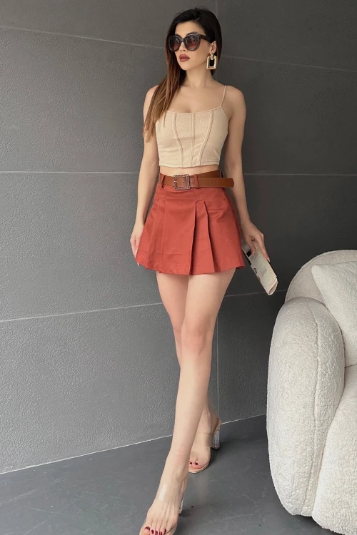 Kiremit Kendinden Kemerli Pileli Şortlu Etek