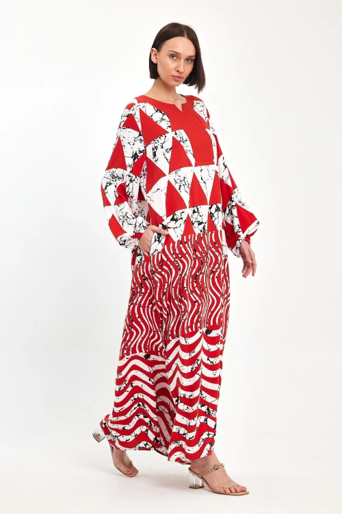 Maxi Boy Kırmızı Geometrik Desenli Bisiklet Yaka Uzun Boy Salaş Kesim Dokuma Elbise BCVL-241058