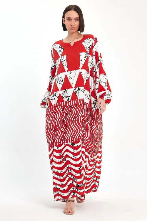Maxi Boy Kırmızı Geometrik Desenli Bisiklet Yaka Uzun Boy Salaş Kesim Dokuma Elbise BCVL-241058