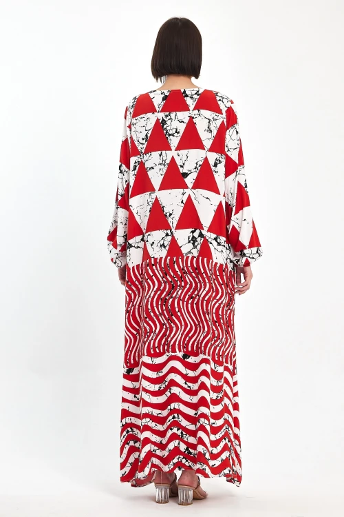 Maxi Boy Kırmızı Geometrik Desenli Bisiklet Yaka Uzun Boy Salaş Kesim Dokuma Elbise BCVL-241058