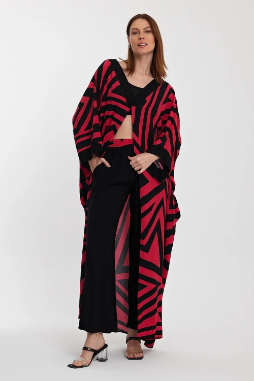 Maxi Boy Kırmızı Geometrik Desenli Pantolon Ve Uzun Kimono Ceket Alt Üst Takım BCVL-241015