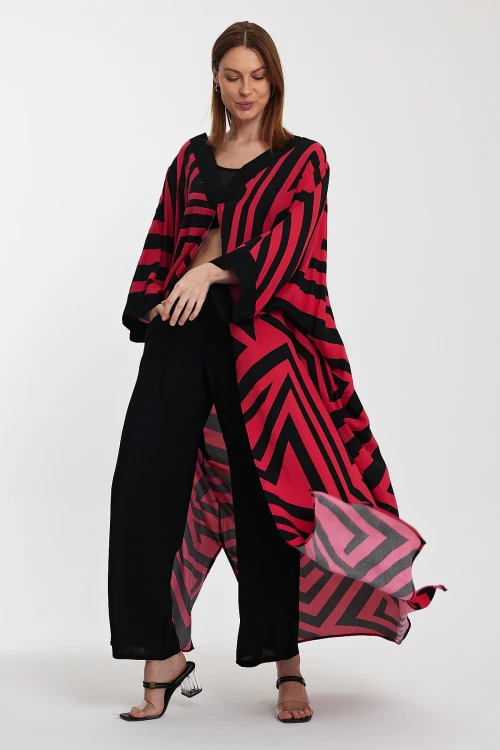 Maxi Boy Kırmızı Geometrik Desenli Pantolon Ve Uzun Kimono Ceket Alt Üst Takım BCVL-241015