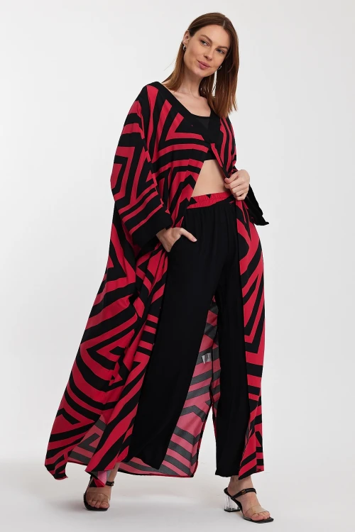 Maxi Boy Kırmızı Geometrik Desenli Pantolon Ve Uzun Kimono Ceket Alt Üst Takım BCVL-241015