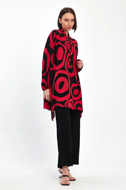 Maxi Boy Kırmızı Geometrik Desenli Pantolon Ve Uzun Tunik Alt Üst Takım BCVL-241017