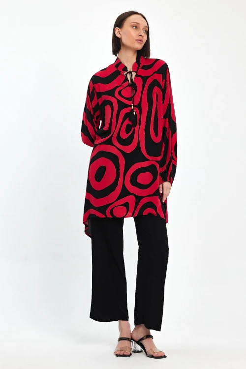 Maxi Boy Kırmızı Geometrik Desenli Pantolon Ve Uzun Tunik Alt Üst Takım BCVL-241017