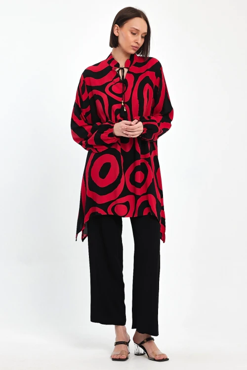 Maxi Boy Kırmızı Geometrik Desenli Pantolon Ve Uzun Tunik Alt Üst Takım BCVL-241017