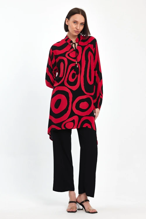 Maxi Boy Kırmızı Geometrik Desenli Pantolon Ve Uzun Tunik Alt Üst Takım BCVL-241017