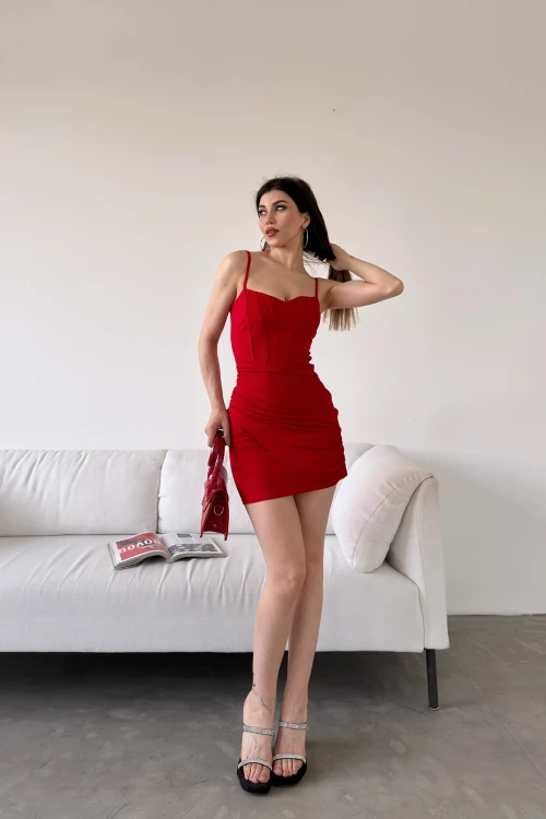 Kırmızı İp Askılı Drapeli Mini Elbise BCDF-241054