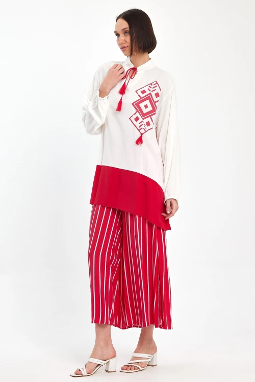 Maxi Boy Kırmızı Renk Bloklu Çizgili Pantolon Ve Uzun Tunik Alt Üst Takım BCVL-241021