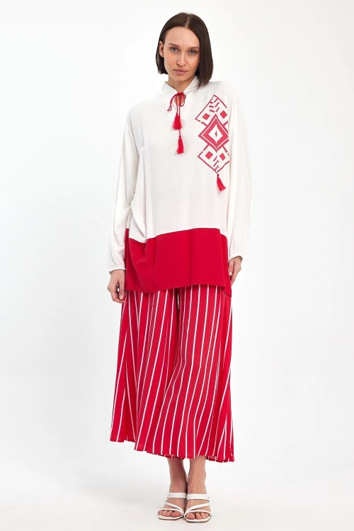 Maxi Boy Kırmızı Renk Bloklu Çizgili Pantolon Ve Uzun Tunik Alt Üst Takım BCVL-241021