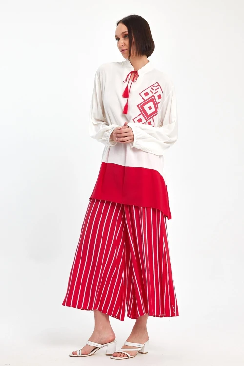 Maxi Boy Kırmızı Renk Bloklu Çizgili Pantolon Ve Uzun Tunik Alt Üst Takım BCVL-241021