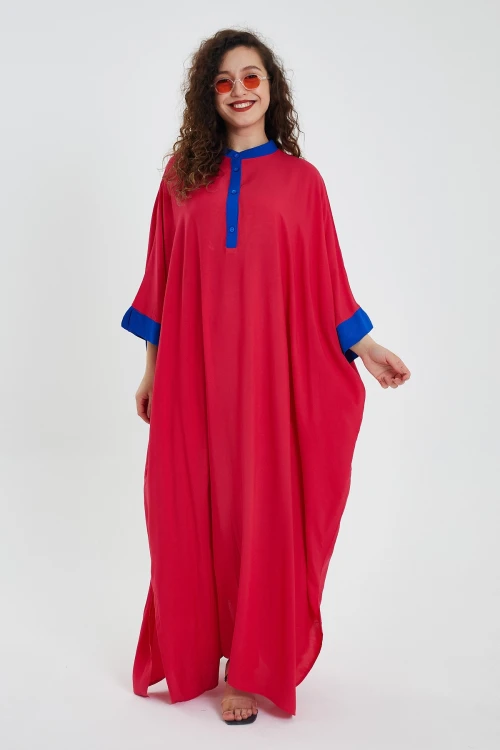 Maxi Boy Kırmızı Renk Bloklu Uzun Boy Salaş Dokuma Elbise BCVL-24949