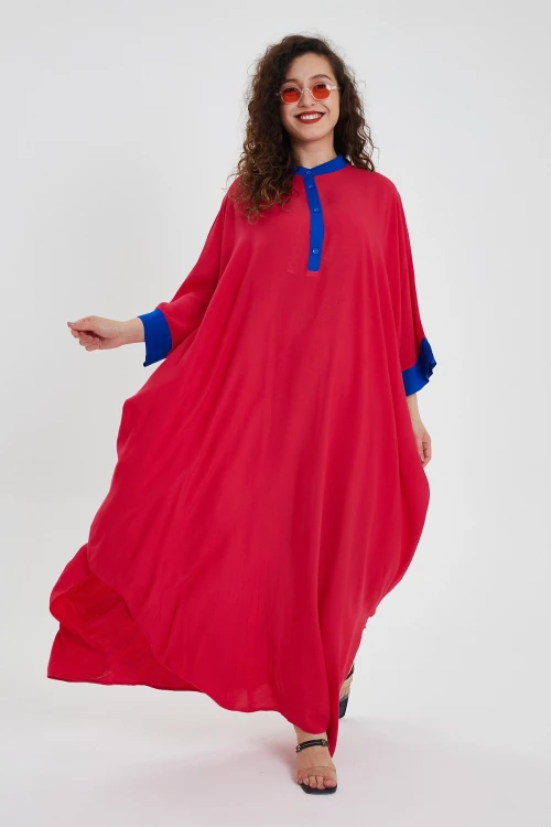 Maxi Boy Kırmızı Renk Bloklu Uzun Boy Salaş Dokuma Elbise BCVL-24949