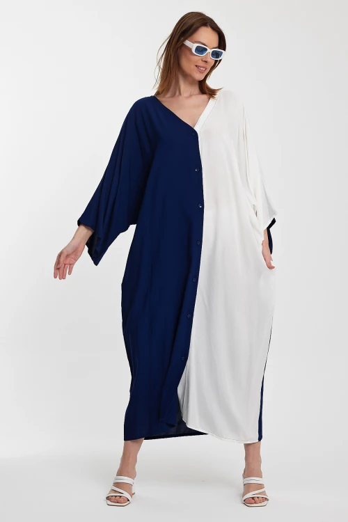 Maxi Boy Lacivert Beyaz Nakış İşlemeli Renk Bloklu Uzun Boy Dokuma Elbise BCVL-24956