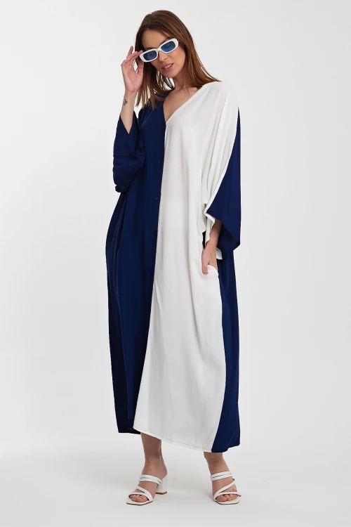 Maxi Boy Lacivert Beyaz Nakış İşlemeli Renk Bloklu Uzun Boy Dokuma Elbise BCVL-24956