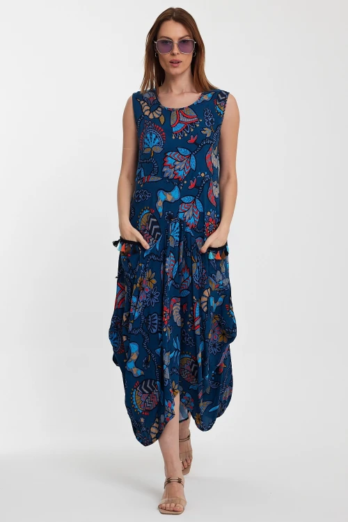 Maxi Boy Lacivert Bisiklet Yaka Çift Cepli Sıfır Kol Çiçek Desenli Rahat Kalıp Elbise BCVL-242014