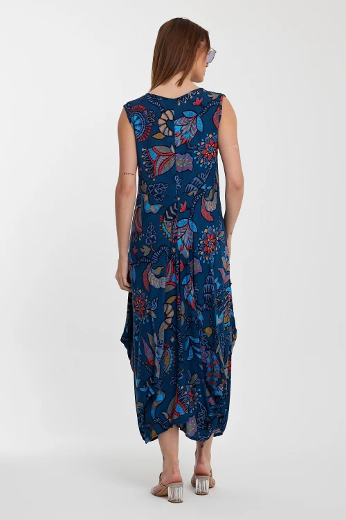 Maxi Boy Lacivert Bisiklet Yaka Çift Cepli Sıfır Kol Çiçek Desenli Rahat Kalıp Elbise BCVL-242014