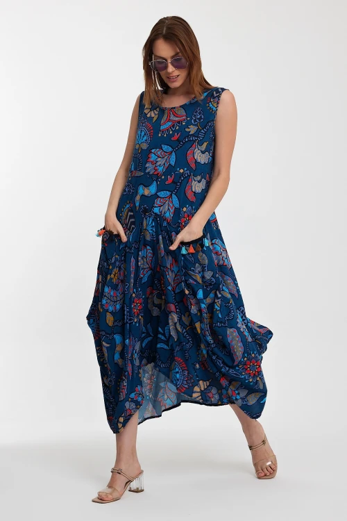 Maxi Boy Lacivert Bisiklet Yaka Çift Cepli Sıfır Kol Çiçek Desenli Rahat Kalıp Elbise BCVL-242014