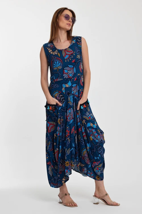 Maxi Boy Lacivert Bisiklet Yaka Çift Cepli Sıfır Kol Çiçek Desenli Rahat Kalıp Elbise BCVL-242014