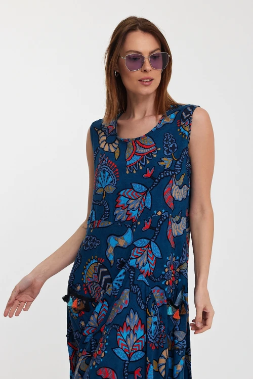 Maxi Boy Lacivert Bisiklet Yaka Çift Cepli Sıfır Kol Çiçek Desenli Rahat Kalıp Elbise BCVL-242014