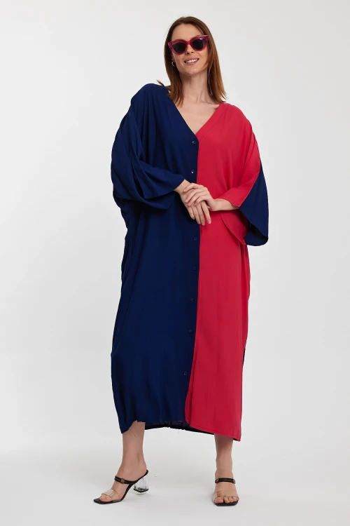 Maxi Boy Lacivert Fuşya Nakış İşlemeli Renk Bloklu Uzun Boy Dokuma Elbise BCVL-24956