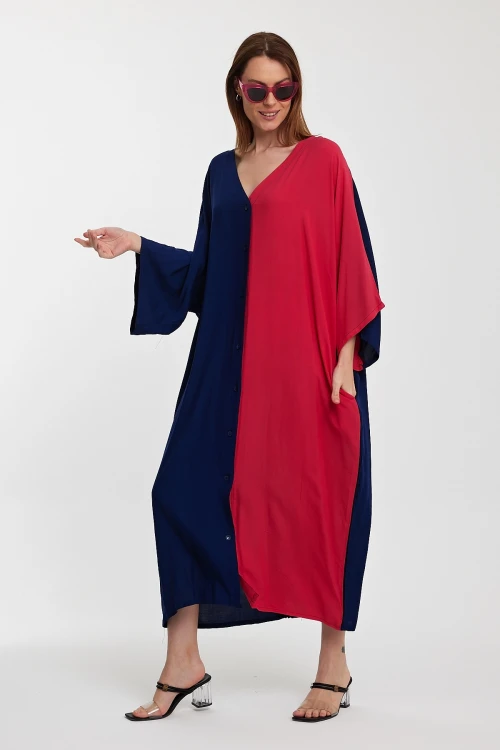 Maxi Boy Lacivert Fuşya Nakış İşlemeli Renk Bloklu Uzun Boy Dokuma Elbise BCVL-24956