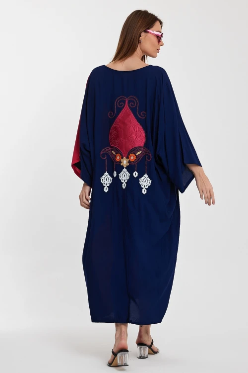 Maxi Boy Lacivert Fuşya Nakış İşlemeli Renk Bloklu Uzun Boy Dokuma Elbise BCVL-24956