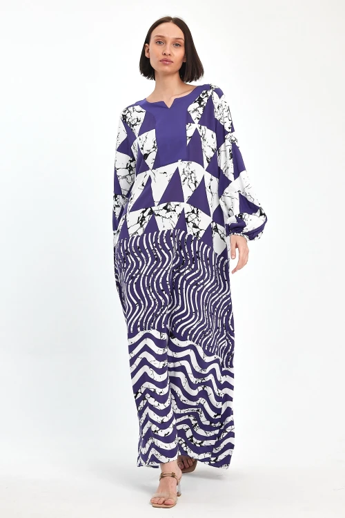 Maxi Boy Lacivert Geometrik Desenli Bisiklet Yaka Uzun Boy Salaş Kesim Dokuma Elbise BCVL-241058