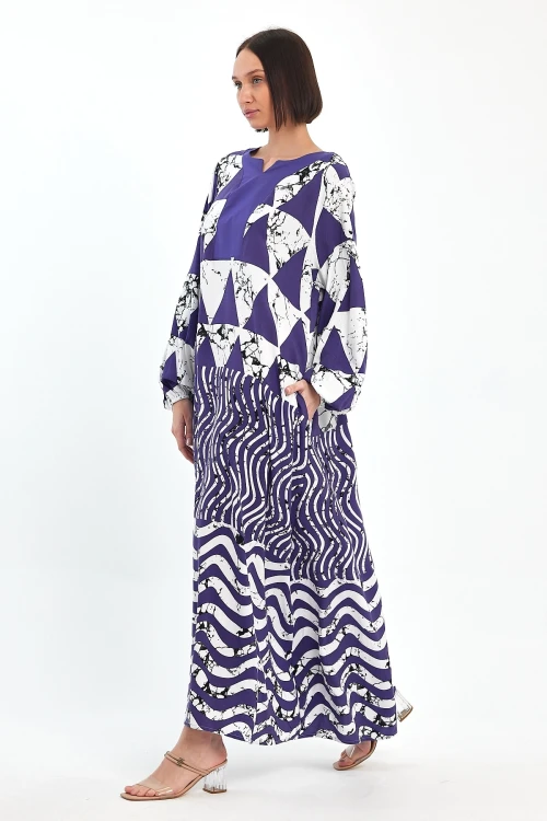 Maxi Boy Lacivert Geometrik Desenli Bisiklet Yaka Uzun Boy Salaş Kesim Dokuma Elbise BCVL-241058