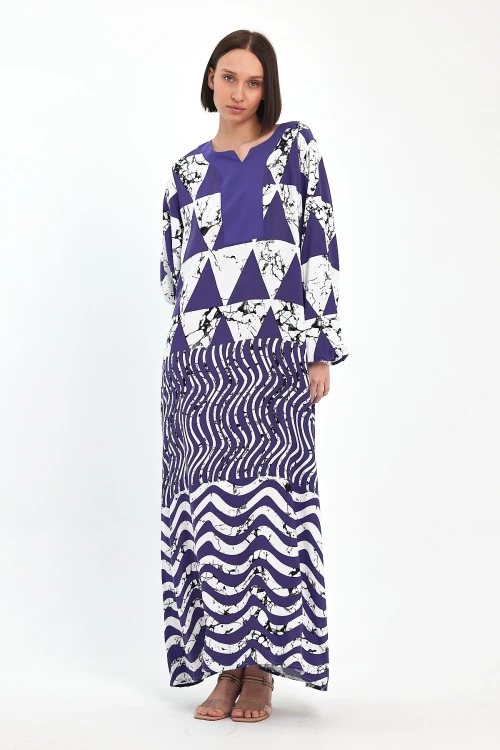 Maxi Boy Lacivert Geometrik Desenli Bisiklet Yaka Uzun Boy Salaş Kesim Dokuma Elbise BCVL-241058