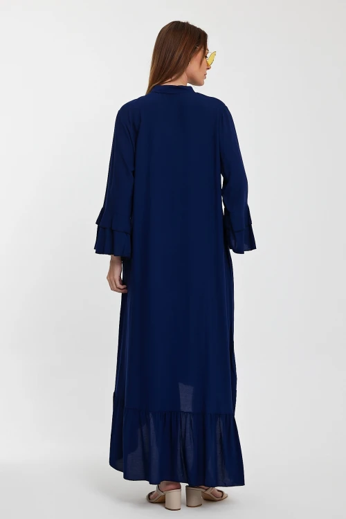 Maxi Boy Lacivert Hakim Yaka Nakış İşlemeli Uzun Boy Dokuma Gömlek Elbise BCVL-248140