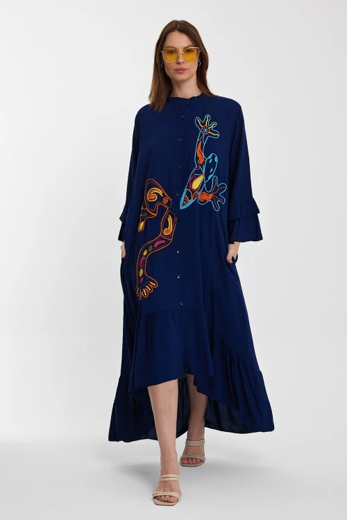 Maxi Boy Lacivert Hakim Yaka Nakış İşlemeli Uzun Boy Dokuma Gömlek Elbise BCVL-248140