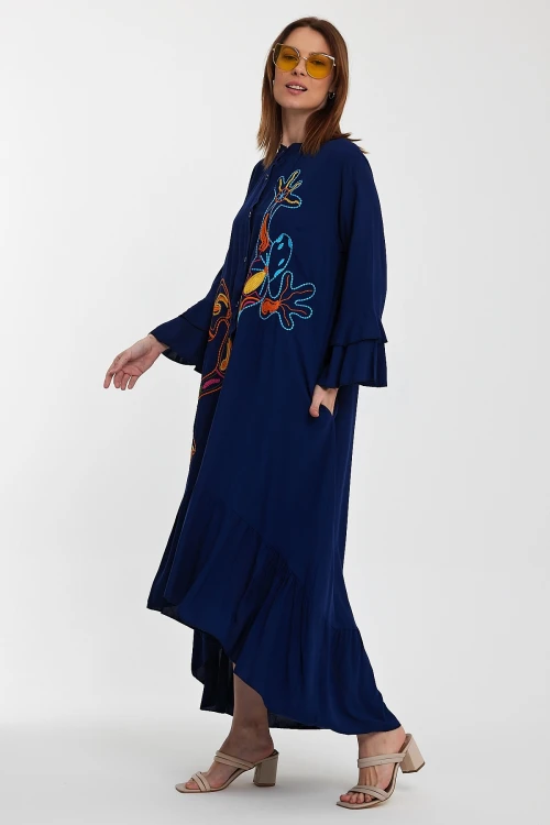 Maxi Boy Lacivert Hakim Yaka Nakış İşlemeli Uzun Boy Dokuma Gömlek Elbise BCVL-248140